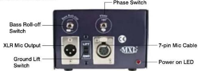 Phase Switch Bass Roll-off Switch XLR Mic Output Ground Lift Switch 7-pin Mic Cable Power on LED