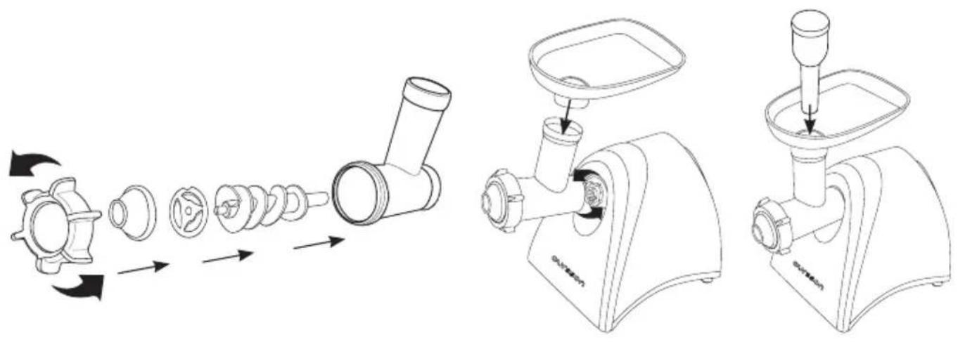 Technical diagram illustrating the step-by-step assembly of a manual kitchen tool, showing the whole and three views with labeled components.