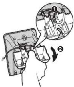 Diagram showing hand holding electrical socket with two views of a device, labeled ① and ② indicating different states or components.