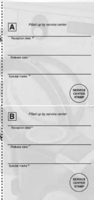 Filled up by service center A Reception date 12 Release date 13 Special marks 14 SERVICE CENTER STAMP B Filled up by service center Reception date 15 Release date 16 Special marks 17 SERVICE CENTER STAMP
