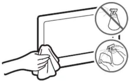 Diagram illustrating a hand cleaning a surface with two circular icons showing different behaviors: no spray and clean tissue.