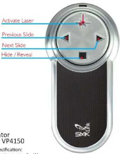 Activate Laser Previous Slide Next Slide Hide / Reveal SMK VP4150 Specification: put power: 61mW