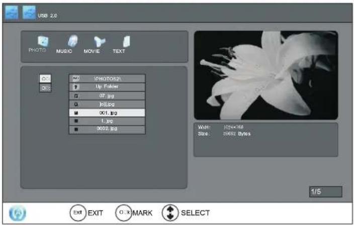 USB 2.0 PHOTO MUSIC MOVIE TEXT 1:00 (PHOTOS2) Up Folder 97.jpg 10.jpg 001.jpg 1.jpg 3602.jpg WIN: /254788 Size: 20002 Bytes 1/5 Exit EXIT MARK SELECT