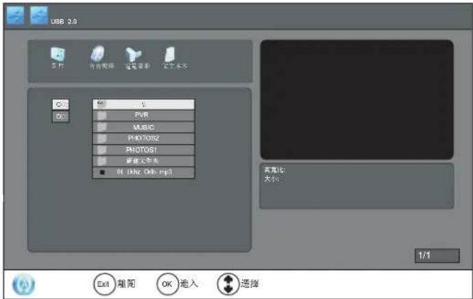 USB 2.0 文件 所有编辑 查看剪辑 文本 C:\ D: PVR MUSIC PHOTOSZ PHOTOS1 新建文件夹 01 (kHz, Orb, mag) 高亮化 大小 1/1 Exit 離開 OK 進入 选择