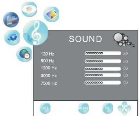 SOUND 120 Hz 50 500 Hz 50 1200 Hz 50 3000 Hz 50 7500 Hz 50 EXIT MENU OK