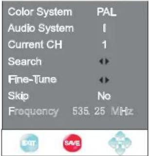 Color System PAL Audio System I Current CH 1 Search ◀◀ Fine-Tune ◀◀ Skip No Frequency 535.25 MHz