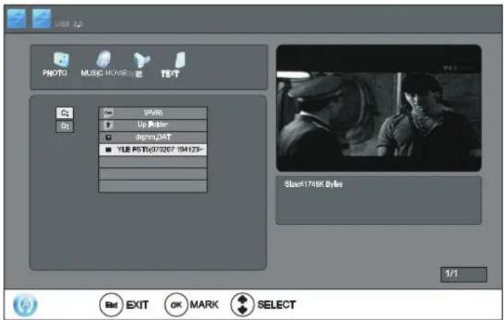 PHOTO MUSIC MOVIE TEXT C: D: SPWR Up Filter dighm.DAT ■ YLE PSTB(073267 194123- Size:1748K Bytes 1/1 Exit EXIT OK MARK SELECT