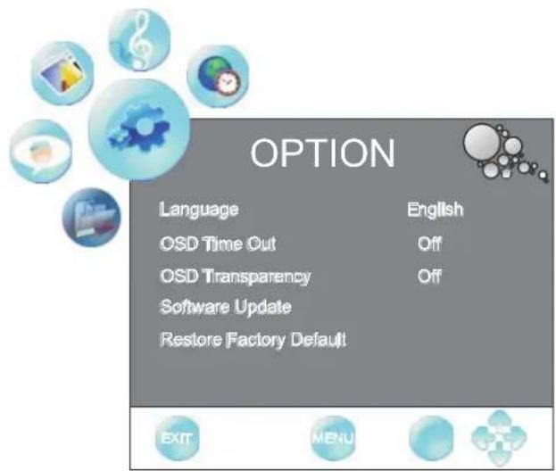 OPTION Language English OSD Time Out Off OSD Transparency Off Software Update Restore Factory Default EXIT MENU