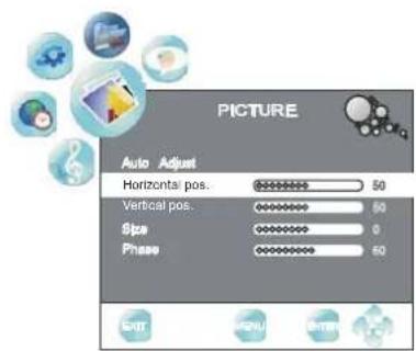 PICTURE Auto Adjust Horizontal pos. 50 Vertical pos. 50 Size 0 Phase 60