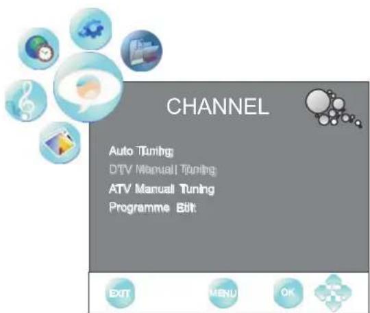 CHANNEL Auto Tuning: DTV Manual Tuning ATV Manual Tuning Programme Edit: EXIT MENU OK