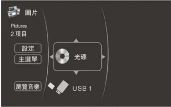 圖片 Pictures 2 項目 設定 主選單 瀏覽音樂 光碟 USB 1