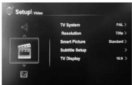 Setup\ Video TV System PAL > Resolution 720p > Smart Picture Standard > Subtitle Setup > TV Display 16:9 >