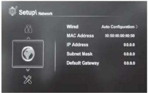 Setup\Network Wind Auto Configuration > MAC Address 00:50:00:00:00:50 IP Address 0.0.0.0 Subnet Mask 0.0.0.0 Default Gateway 0.0.0.0