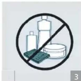 Prohibition sign with crossed-out bottle, container, and cleaning items symbolizing food safety or disinfection
