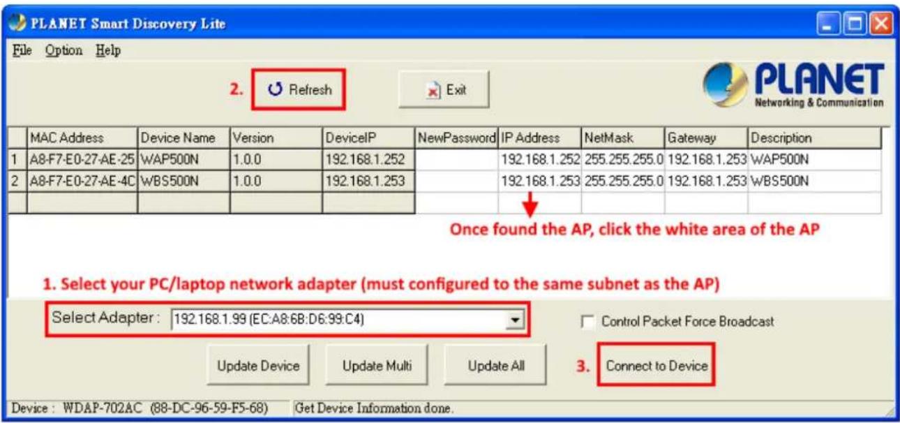 Planet WAP-500N - Step 3. Click the "Refresh" button as shown below to update the list of the currently connected devices. - 1