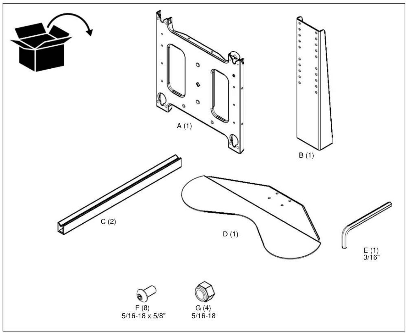 A (1) B (1) C (2) D (1) E (1) 3/16" F (8) 5/16-18 x 5/8" G (4) 5/16-18"