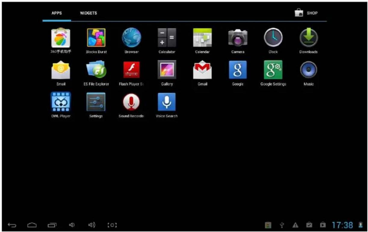 APPS 360手机助手 Blocks Burst Browser Calculator Calendar Camera Clock Downloads Email ES File Explorer Flash Player 5s Gallery Gmail Google Google Settings Music OWL Player Settings Sound Record Voice Search