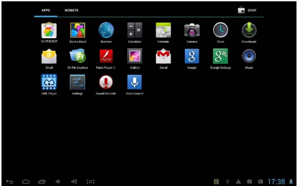 APPS 360手机助手 Blocks Burst Browser Calculator Calendar Camera Clock Downloads Email ES File Explorer Flash Player S Gallery Gmail Google Google Settings Music OWL Player Settings Sound Recorde Voice Search