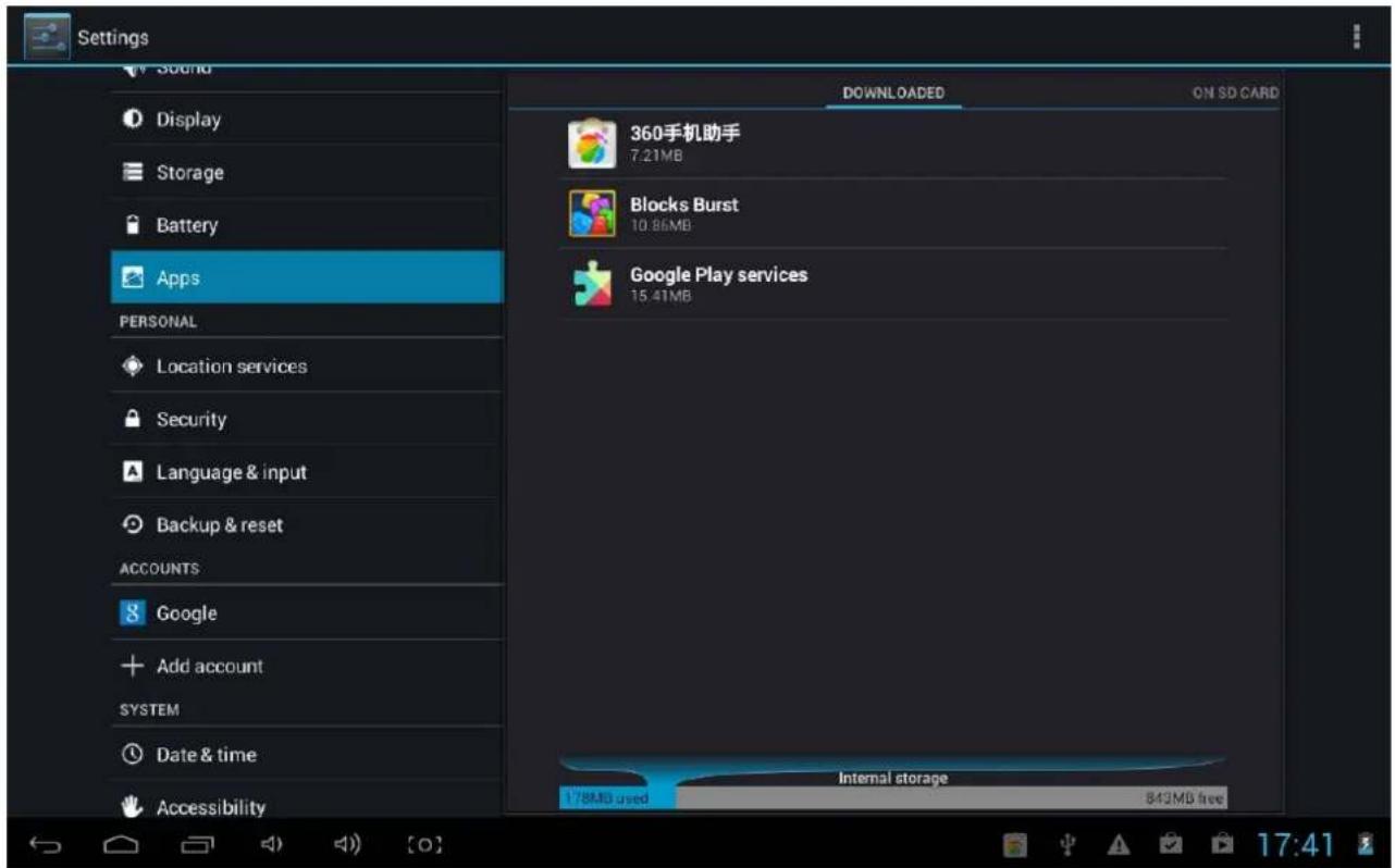 Settings Sound Display Storage Battery Apps PERSONAL Location services Security Language & input Backup & reset ACCOUNTS Google Add account SYSTEM Date & time Accessibility DOWNLOADED ON SD CARD 360手机助手 7.21MB Blocks Burst 10.86MB Google Play services 15.41MB Internal storage 178MD used 843MB free