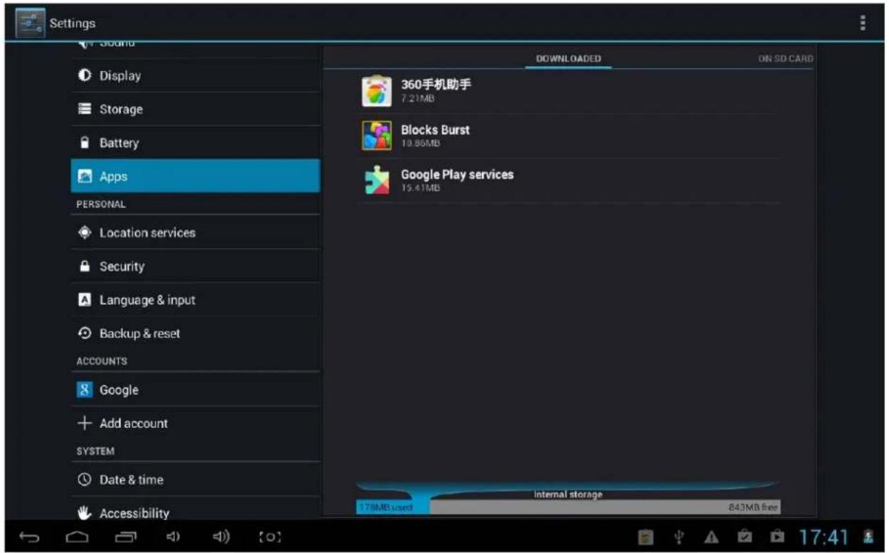 Settings Sound Display Storage Battery Apps PERSONAL Location services Security Language & input Backup & reset ACCOUNTS Google Add account SYSTEM Date & time Accessibility DOWNLOADED ON SD CARD 360手机助手 7.21MB Blocks Burst 10.86MB Google Play services 15.41MB Internal storage 178MB used 843MB free 17:41