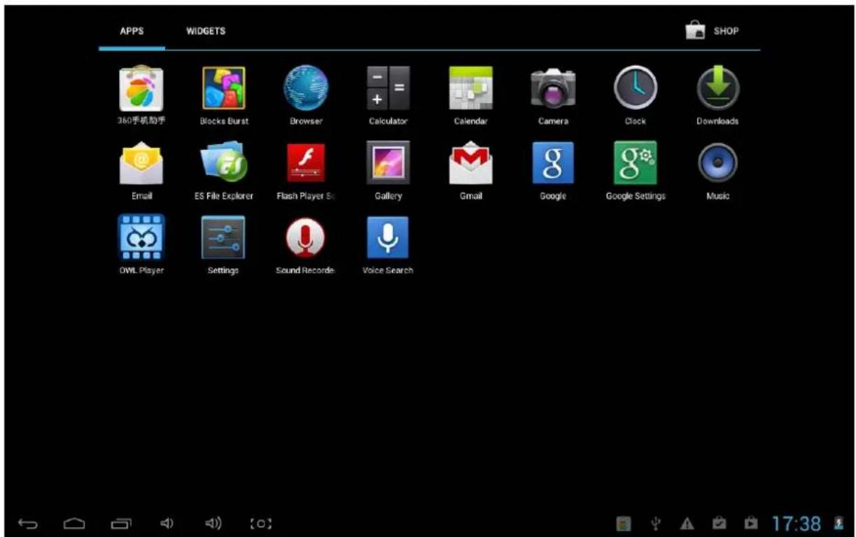 APPS 360手机助手 Blocks Burst Browser Calculator Calendar Camera Clock Downloads Email ES File Explorer Flash Player Sc Gallery Gmail Google Google Settings Music OWL Player Settings Sound Recorde Voice Search