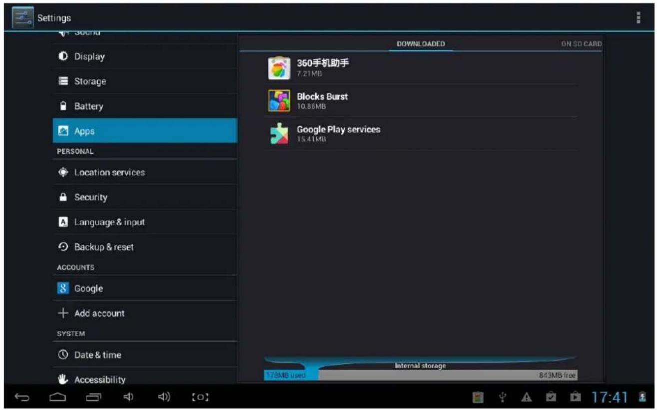 Settings Sound Display Storage Battery Apps PERSONAL Location services Security Language & input Backup & reset ACCOUNTS Google Add account SYSTEM Date & time Accessibility DOWNLOADED ON SD CARD 360手机助手 7.21MB Blocks Burst 10.86MB Google Play services 15.41MB Internal storage 172MB used 843MB free