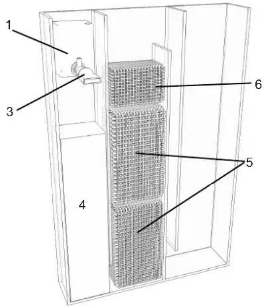 Technical diagram of a storage unit with numbered components and internal grid structure