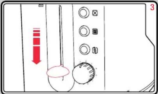 Diagram showing a control panel with labeled buttons and a red downward arrow indicating direction, likely from an industrial or laboratory procedure.