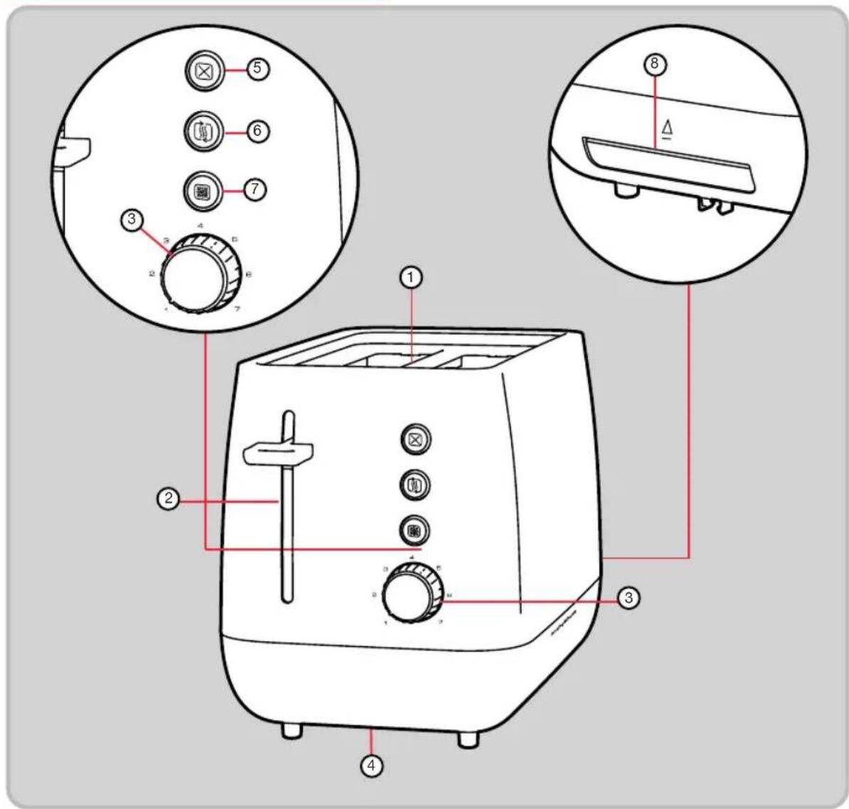 Diagram of a toaster with labeled parts including control knobs, dials, and buttons for cleaning or assembly.
