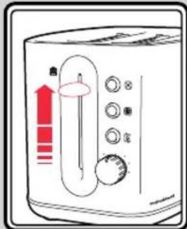 Diagram of a toaster oven with red indicator lights and a temperature scale, showing control buttons and a rising arrow.