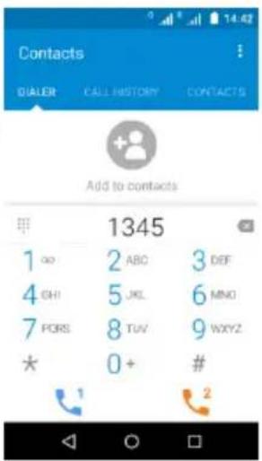 Contacts DIALER CALL HISTORY CONTACTS Add to contacts 1345 1 00 2 ABC 3 DEF 4 GHI 5 JKL 6 MNO 7 PORS 8 TUV 9 WXYZ * 0+ # 2
