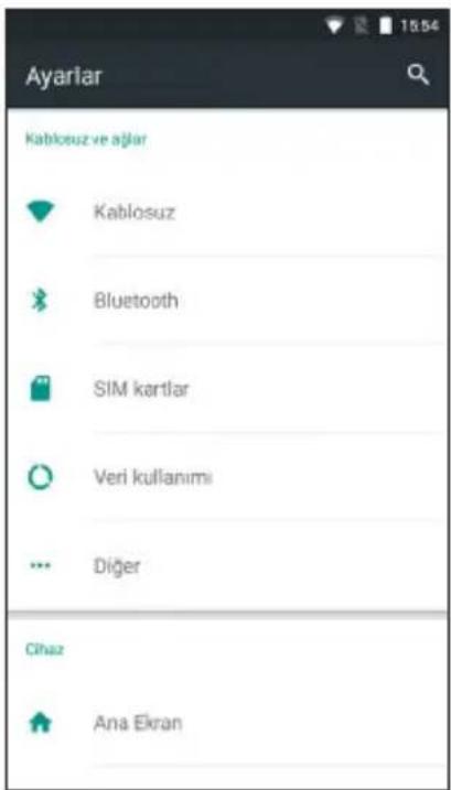 Ayarlar Kablosuz ve aşlar Kablosuz Bluetooth SIM kartlar Veri kullanımı Diğer Cihaz Ana Ekran