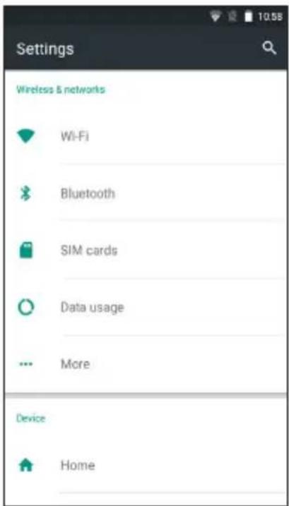 Settings Wireless & networks Wi-Fi Bluetooth SIM cards Data usage More Device Home