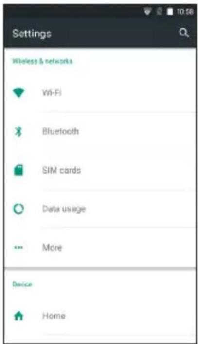 Settings Wireless & networks Wi-Fi Bluetooth SIM cards Data usage More Device Home
