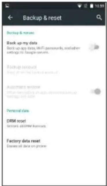 Backup & reset Backup & remove Back up my data Sort up app data, WiFi passwords, and other settings to Google servers. Backup request You want the back up account Automatic window Other resources should be removed set up all data Personal data DRM reset Designs all DRM resources Factory data reset Descases all data on phone