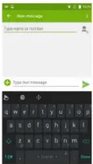 New message Type name or number + Type text message q w e r t y u i o p a s d f q h j k l z x c y b n m 12# - < learning - Done