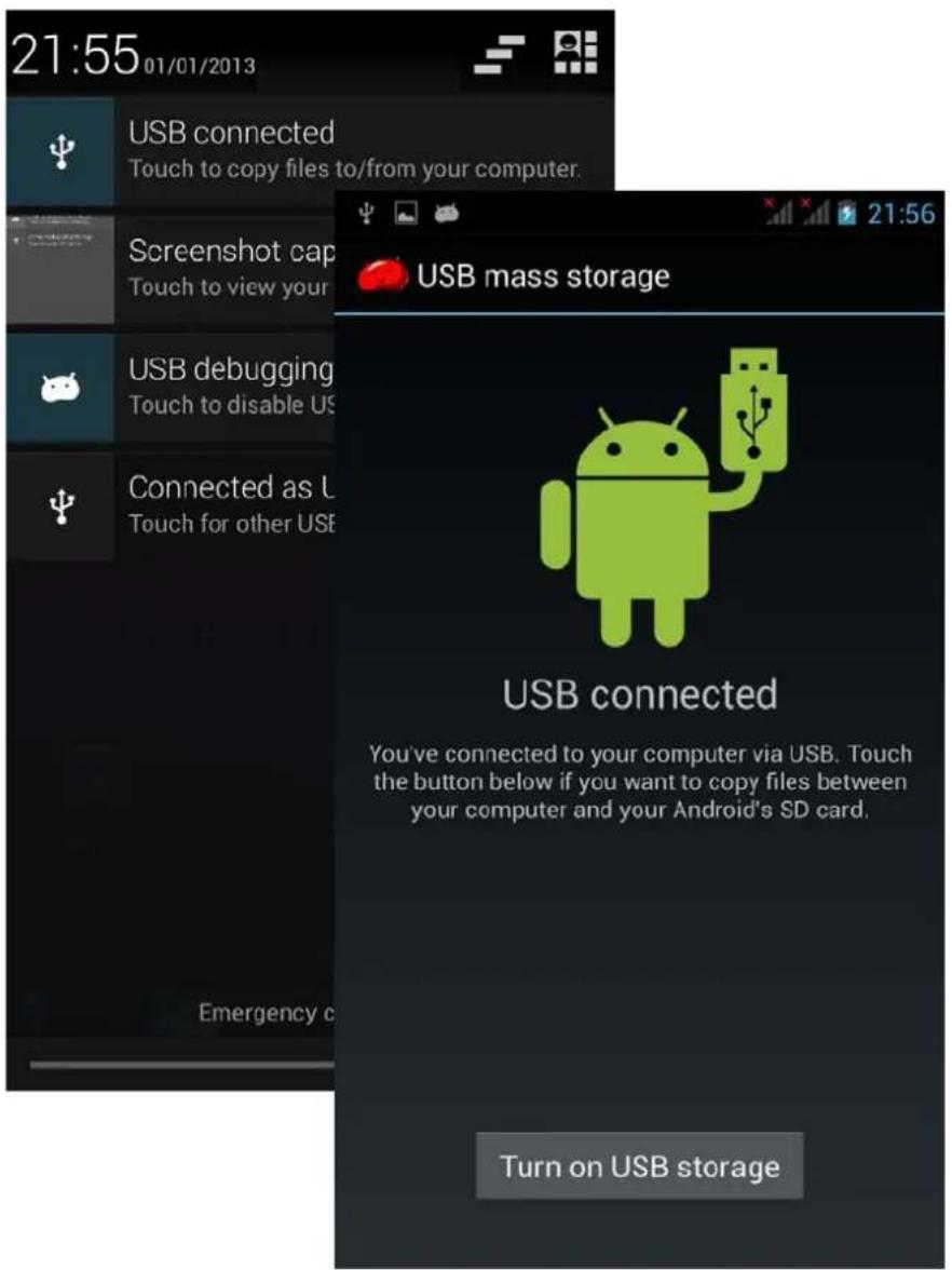 21:55 01/01/2013 USB connected Touch to copy files to/from your computer. Screenshot cap Touch to view your USB debugging Touch to disable US Connected as U Touch for other US Emergency c USB mass storage USB connected You've connected to your computer via USB. Touch the button below if you want to copy files between your computer and your Android's SD card. Turn on USB storage