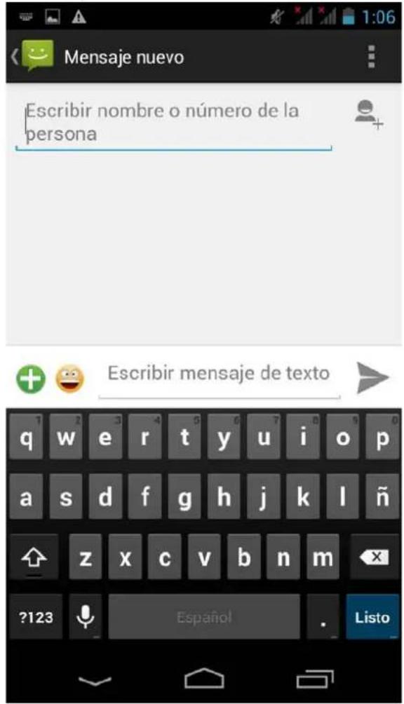 Mensaje nuevo Escribir nombre o número de la persona Escribir mensaje de texto ?123 Español . Listo