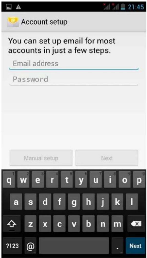 Account setup You can set up email for most accounts in just a few steps. Email address Password Manual setup Next q w e r t y u i o p a s d f g h j k l z x c v b n m ?123 @ Next