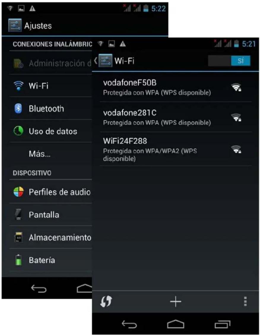 Ajustes CONEXIONES INALÁMBRIC Administración d Wi-Fi sí Wi-Fi Bluetooth Uso de datos Más... DISPOSITIVO Perfiles de audio Pantalla Almacenamiento Batería vodafoneF50B Protegida con WPA (WPS disponible) vodafone281C Protegida con WPA (WPS disponible) WiFi24F288 Protegida con WPA/WPA2 (WPS disponible)