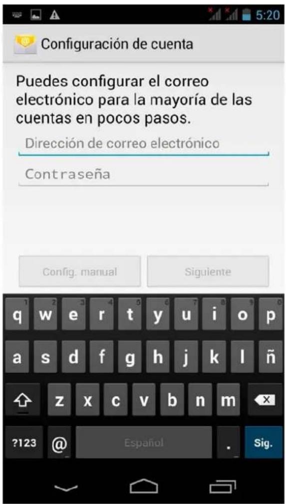 Configuración de cuenta Puedes configurar el correo electrónico para la mayoría de las cuentas en pocos pasos. Dirección de correo electrónico Contraseña Config. manual Siguiente q w e r t y u i o p a s d f g h j k l ñ z x c v b n m ?123 @ Español Sig.