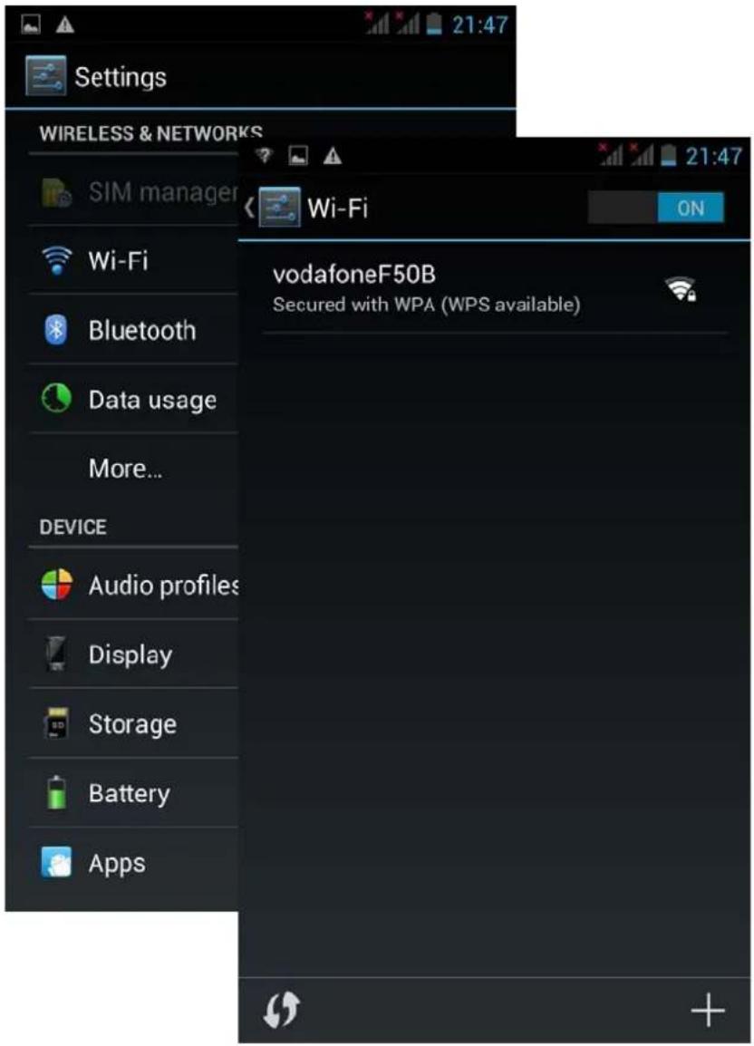 Settings WIRELESS & NETWORKS SIM manager Wi-Fi Bluetooth Data usage More... DEVICE Audio profiles Display Storage Battery Apps 21:47 21:47 Wi-Fi vodafoneF50B Secured with WPA (WPS available)