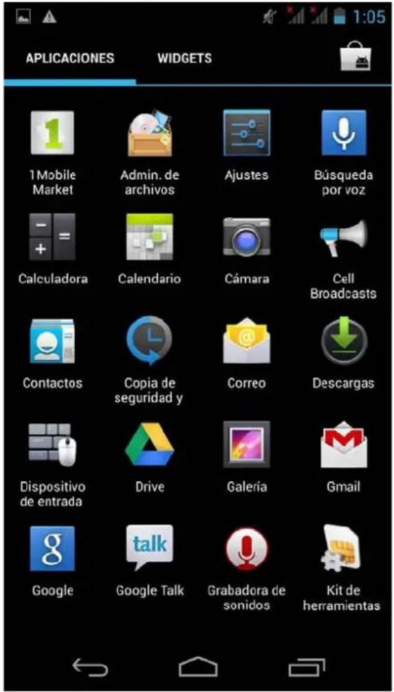 APPLICACIONES WIDGETS 1 Mobile Market Admin. de archivos Ajustes Búsqueda por voz Calculadora Calendario Cámara Cell Broadcasts Contactos Copia de seguridad y Correo Descargas Dispositivo de entrada Drive Galería Gmail Google Google Talk Grabadora de sonidos Kit de herramientas
