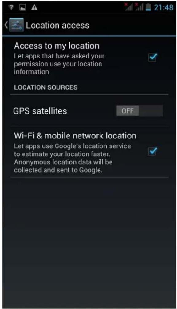 Location access Access to my location Let apps that have asked your permission use your location information LOCATION SOURCES GPS satellites OFF Wi-Fi & mobile network location Let apps use Google's location service to estimate your location faster. Anonymous location data will be collected and sent to Google.