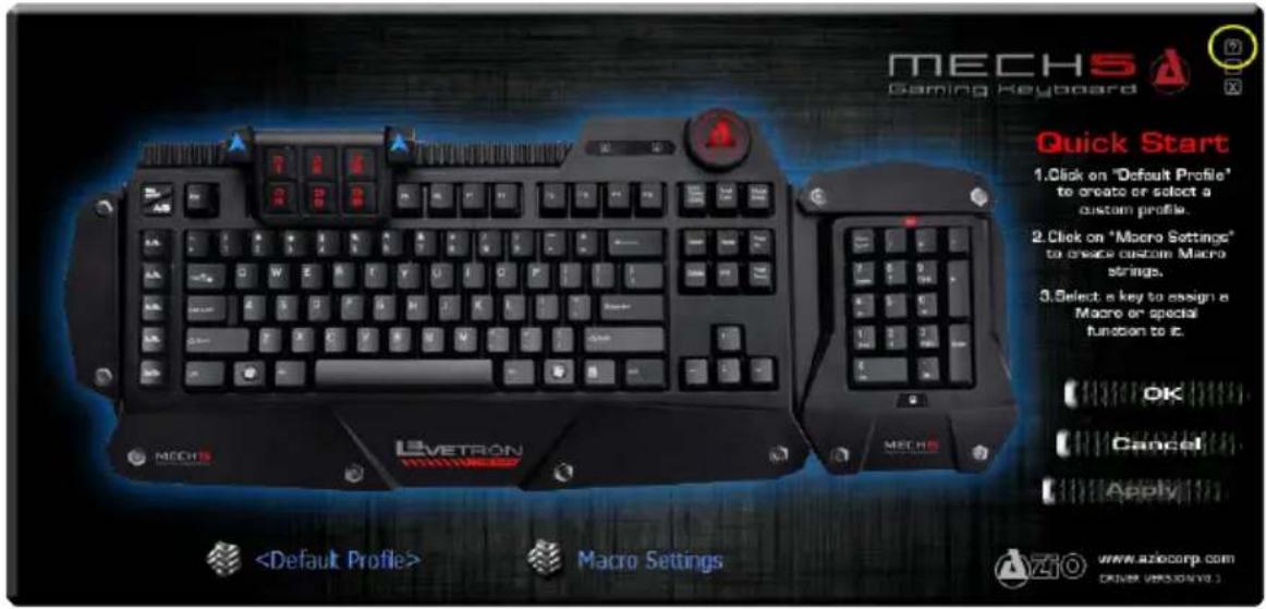 MECHS Gaming Keyboard Quick Start 1. Click on "Default Profile" to create or select a custom profile. 2. Click on "Macro Settings" to create custom Macro strings. 3. Select a key to assign a Macro or special function to it. OK Cancel Apply Macro Settings www.azibcorp.com CIDE: VERSIONS.VI.
