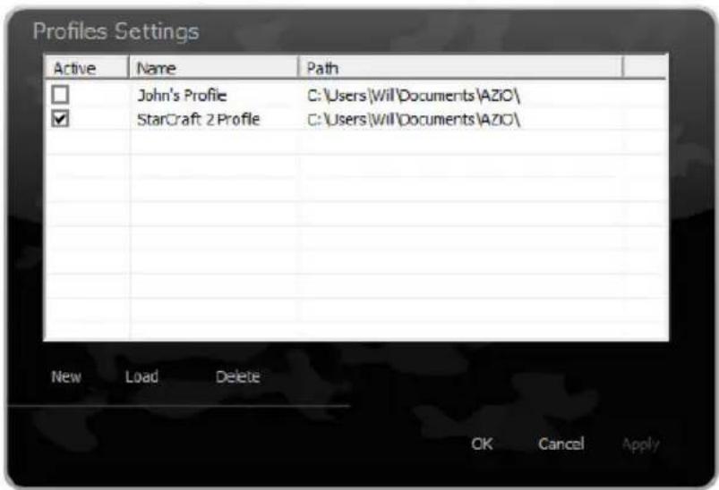 Profiles Settings Active Name Path □ John's Profile C:\Users\Will\Documents\AZIC\ ✓ StarCraft 2 Profile C:\Users\Will\Documents\AZIC\ New Load Delete OK Cancel Apply