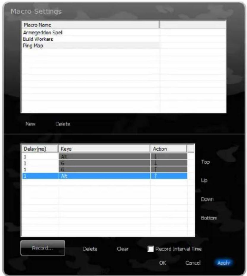 Macro Settings Macro Name Armegaddon Spell Build Workers Ping Map New Delete Delay(ms) Keys Action 1 AT ↓ 1 G ↓ 1 G ↑ 1 Alt ↑ Record... Delete Clear Record Interval Time OK Cancel Apply Top Up Down Bottom