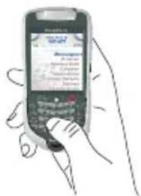 Hand-drawn sketch of a hand holding a mobile phone with visible screen text and keypad