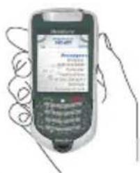 Hand-drawn sketch of a hand holding a mobile phone displaying a screen with text and buttons