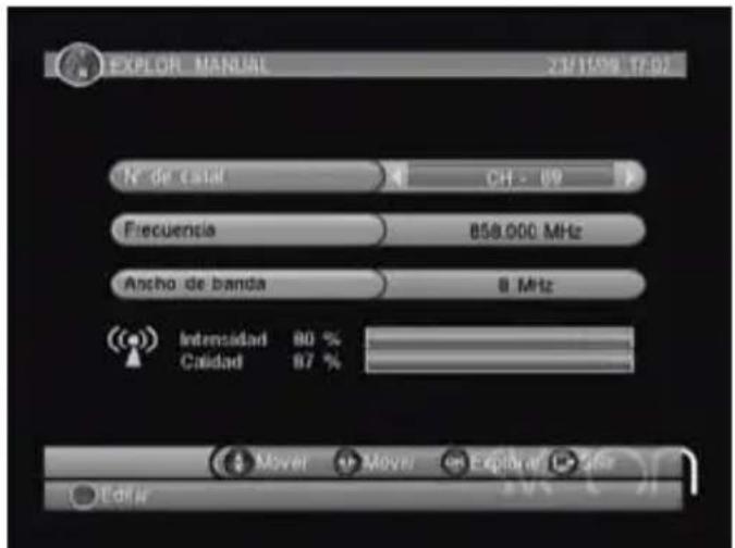 EXPLOR MANUAL 23/15/09 17:02 N de canal CH - 89 Frecuencia 858.000 MHz Ancho de banda 8 MHz Intensidad 80 % Calidad 87 % Mover Move Explorar S### Edit